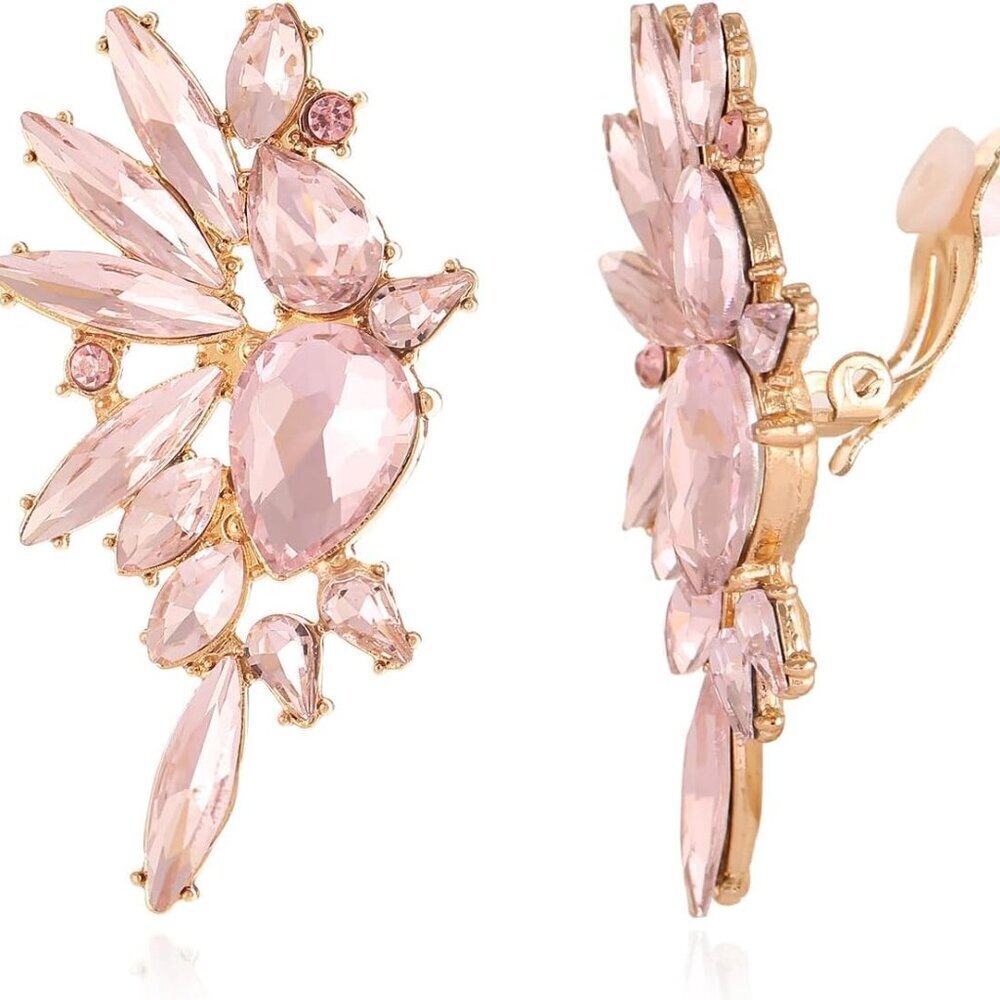 Vintage Rhinestone Clip on Earrings Crystal Drop Dangle Jewelry Women Gift